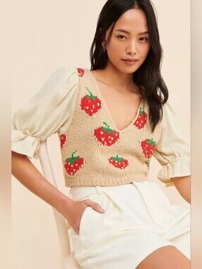 Free People Strawberry Jam Mixed Media Top Strawberry Knit Puff Sleeve XS S M